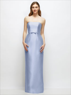 Powder blue strapless satin column dress with skinny belt and bow-trim detail