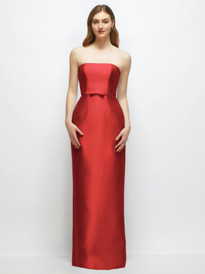 Red strapless satin column dress with waist bow-trimmed skinny belt
