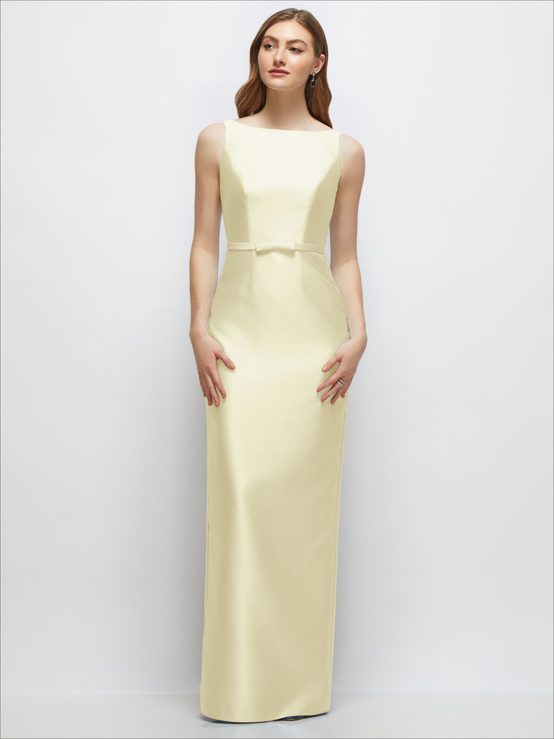 belt bridesmaid dress Bateau Neck Satin Column with Bow-Trimmed Skinny Color:GRENADINE