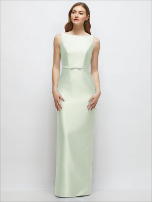 Pale mint satin column dress with sleeveless bateau neckline and slim waist belt