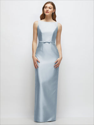 Sleeveless satin column dress with bateau neckline and bow-trim skinny belt, light blue front view