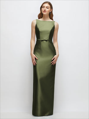 Olive satin column dress with sleeveless bateau neckline and thin waist belt