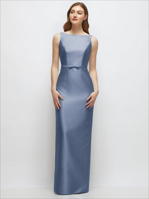 Powder blue satin column dress with bateau neckline and skinny belt with bow trim