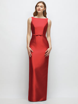 Red satin column dress with bateau neckline and bow-trimmed skinny belt