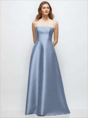 Light blue strapless satin gown with smooth neckline and full A-line skirt