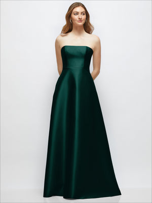 Emerald green strapless satin gown with fitted bodice and full skirt; covered buttons at back