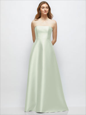Pale mint green strapless satin gown with fitted bodice and full A-line skirt