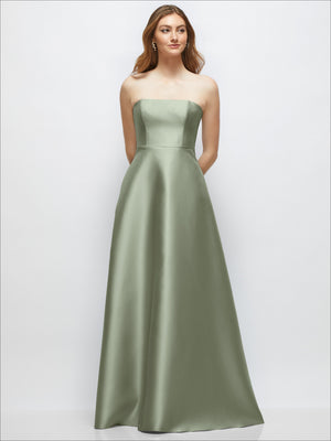 Sage green strapless satin gown with fitted bodice and full A-line skirt