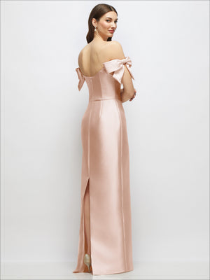 Blush satin column maxi dress with off-the-shoulder bows, open back view