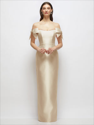 Champagne satin column maxi dress with off-the-shoulder bows and straight neckline