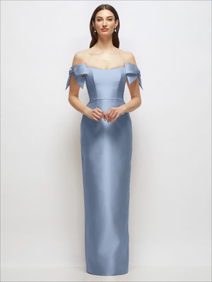 Basque-neck satin column maxi dress, light blue satin, off-shoulder bows at neckline