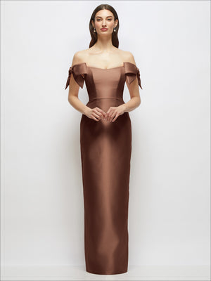 Chocolate brown satin column maxi dress with off-the-shoulder bow straps