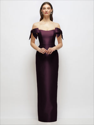 Deep plum satin column maxi dress with off-the-shoulder neckline and bow details