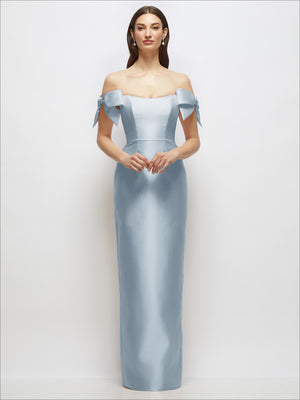 Light blue satin column maxi dress with off-the-shoulder neckline and bow accents