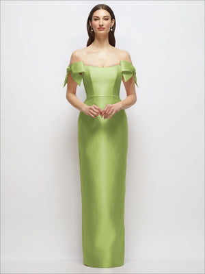 Lime green satin column maxi dress with off-the-shoulder bows and fitted bodice