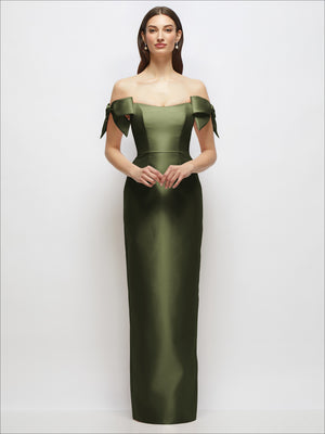 Olive green satin column maxi dress with off-the-shoulder bow details, front view