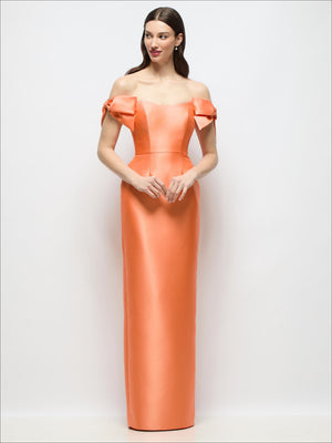 Orange satin off-the-shoulder column maxi dress with bow sleeve details