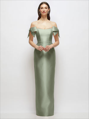 Sage satin column maxi dress with off-the-shoulder bows and structured seams
