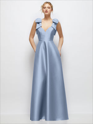 Satin ball gown with deep V-neck and shoulder bows, sleeveless, periwinkle blue