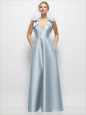 Satin ball gown with deep V-neck and shoulder bows, sleeveless, periwinkle blue