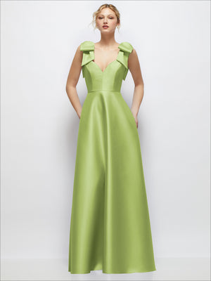 Satin ball gown with deep V-neck and shoulder bows, bright chartreuse green