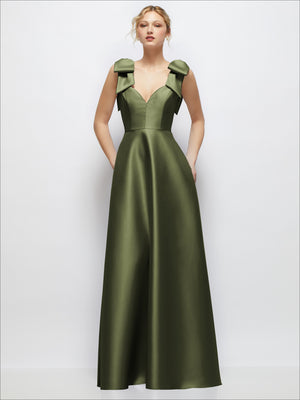 Olive green satin ball gown with deep V-neck and shoulder bows, full A-line skirt