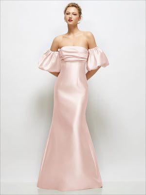 Blush satin off-shoulder maxi dress with gathered neckline and puff sleeves