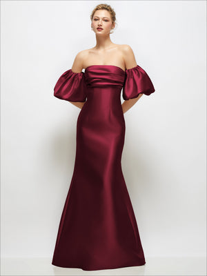 Burgundy satin off-shoulder maxi dress with puff sleeves and flared skirt.