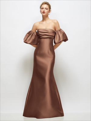 Off-shoulder satin maxi dress with puff sleeves, fitted bodice and flared skirt, brown satin