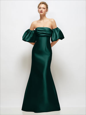 Emerald green off-shoulder satin maxi dress with puff sleeves and flared skirt