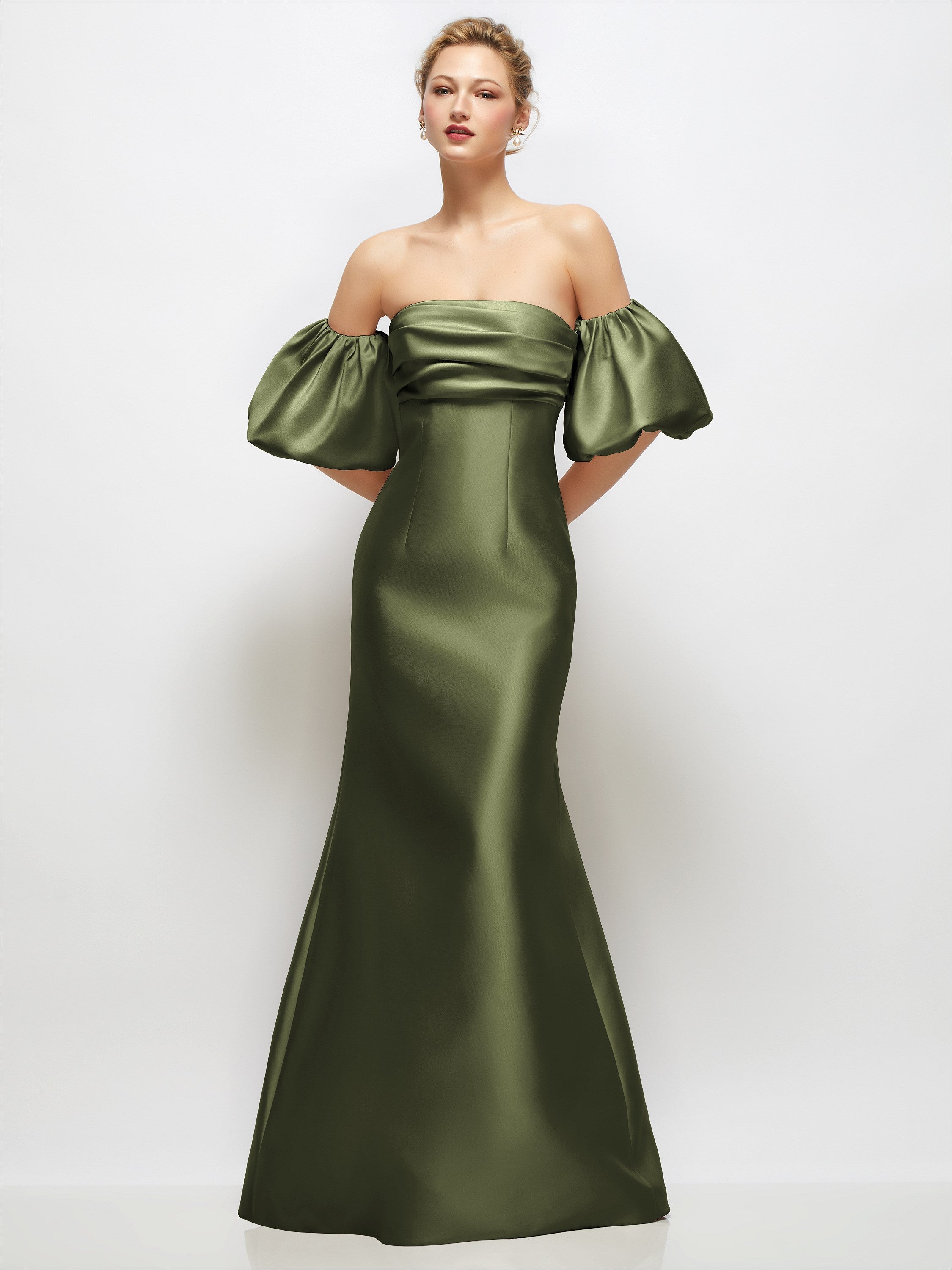 greatest hits forest green satin off-the-shoulder maxi dress Puff Sleeve with Flared Skirt Lulus dresses