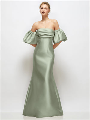 Gray-green satin off-shoulder maxi dress with puff sleeves and straight flared skirt