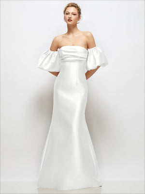 White satin off-shoulder maxi dress with puff sleeves and flared skirt