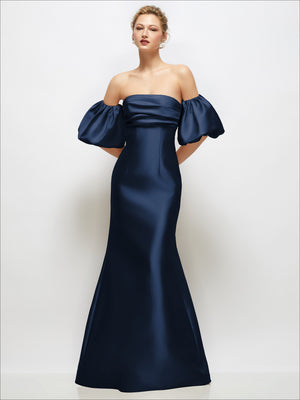 Navy off-shoulder satin maxi dress with puff sleeves and fitted bodice