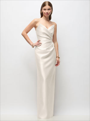 Ivory strapless satin column maxi dress with asymmetrical draped neckline and slit