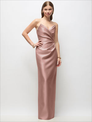Rose pink satin strapless column maxi dress with asymmetrical draped sweetheart top