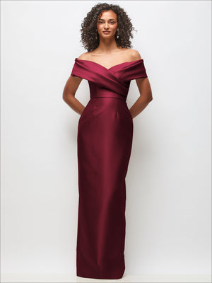 Burgundy off-the-shoulder satin column maxi dress with draped wrap bodice
