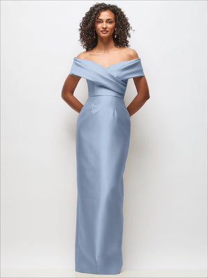 Light blue satin off-shoulder draped wrap maxi dress with gathered wrap bodice