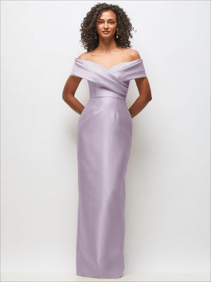 Off-the-shoulder satin maxi dress, draped wrap bodice, lavender column silhouette