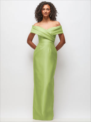 Light green satin off-the-shoulder column maxi dress with draped wrap neckline