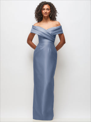 Blue off-the-shoulder satin column maxi dress with draped wrap neckline and straight silhouette
