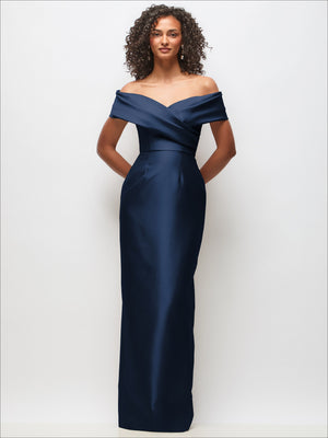 Navy satin off-shoulder column maxi dress with draped wrap bodice