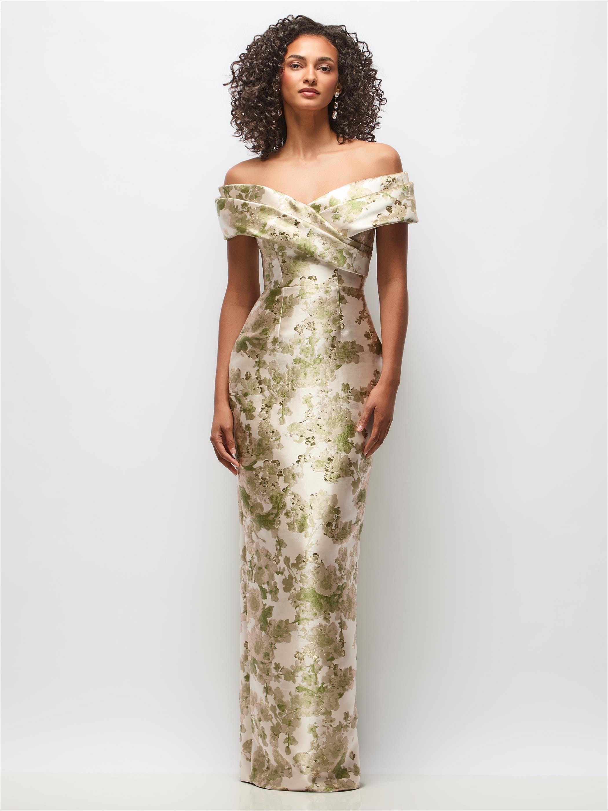 Draped Wrap Off-the-Shoulder Abstract Floral Jacquard Column Maxi Dres