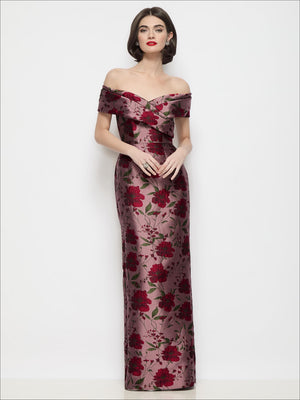 Off-shoulder draped wrap maxi dress with floral brocade column silhouette