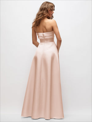 Blush satin strapless maxi dress with low back, basque waist seam, full A-line skirt