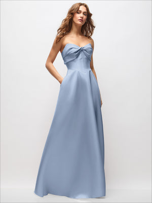 Light blue satin strapless maxi dress with twist bow bodice and flowing skirt
