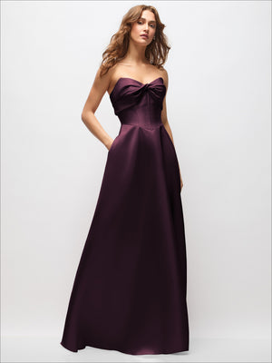 Burgundy strapless satin maxi dress with knotted bust detail and full skirt