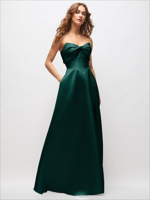 Strapless satin maxi dress in deep green with twisted neckline and flowing maxi skirt