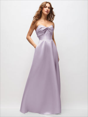 Lavender strapless satin maxi dress with twisted neckline and full skirt