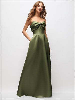 Strapless satin maxi dress in olive green with twisted neckline and full skirt